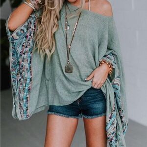 Three Bird Nest- The Fallon Boho Green Poncho Top with Patterned Sleeves